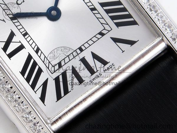 Tank Must Large SS 33.7mm DRF 1:1 Best Edition White Dial Diamonds Bezel on Black Calfskin Strap Swiss Quartz Colorful 5955