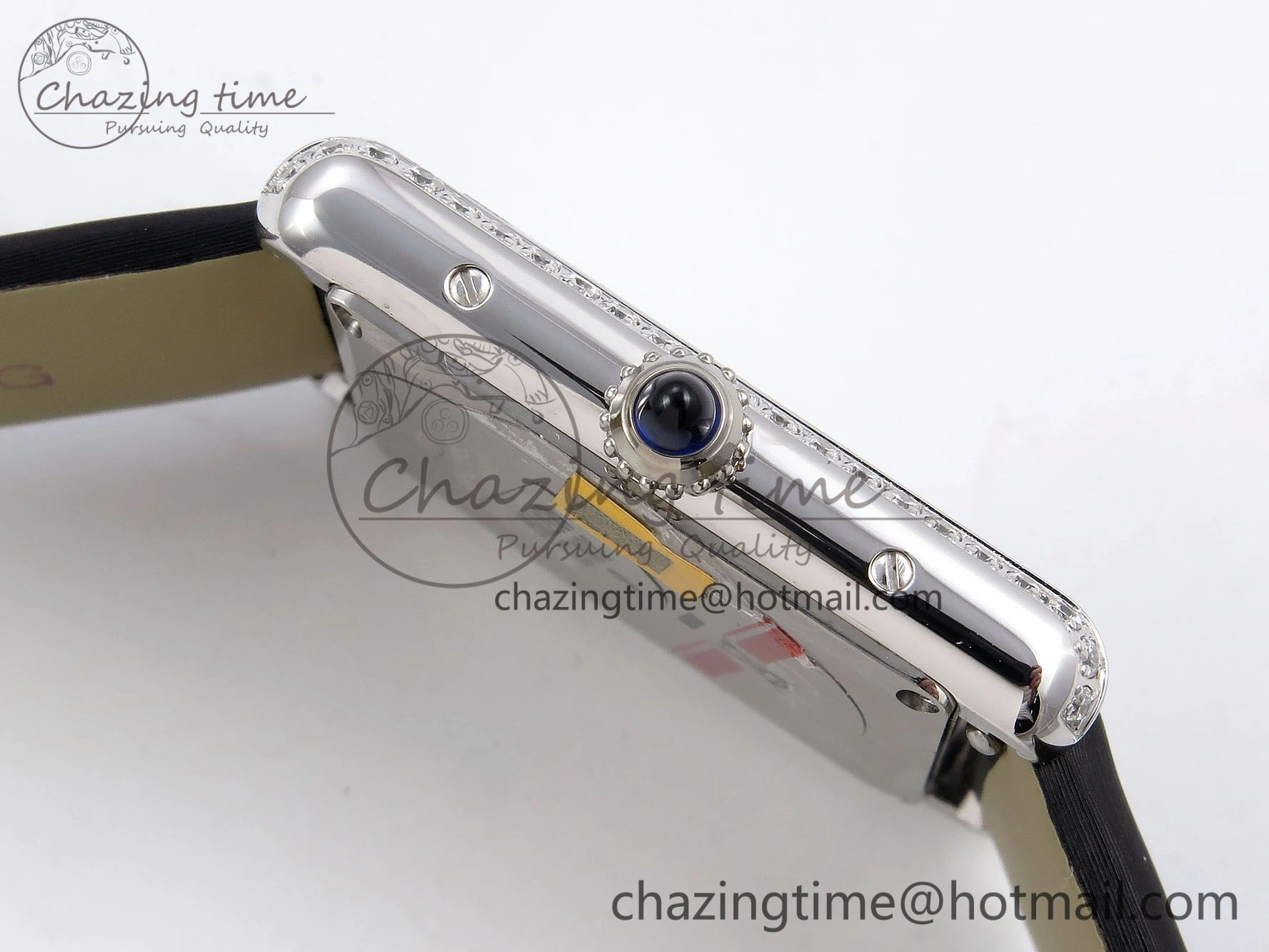 Tank Must Large SS 33.7mm DRF 1:1 Best Edition White Dial Diamonds Bezel on Black Calfskin Strap Swiss Quartz Colorful 5955