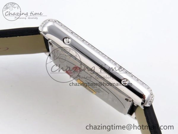 Tank Must Large SS 33.7mm DRF 1:1 Best Edition White Dial Diamonds Bezel on Black Calfskin Strap Swiss Quartz Colorful 5955