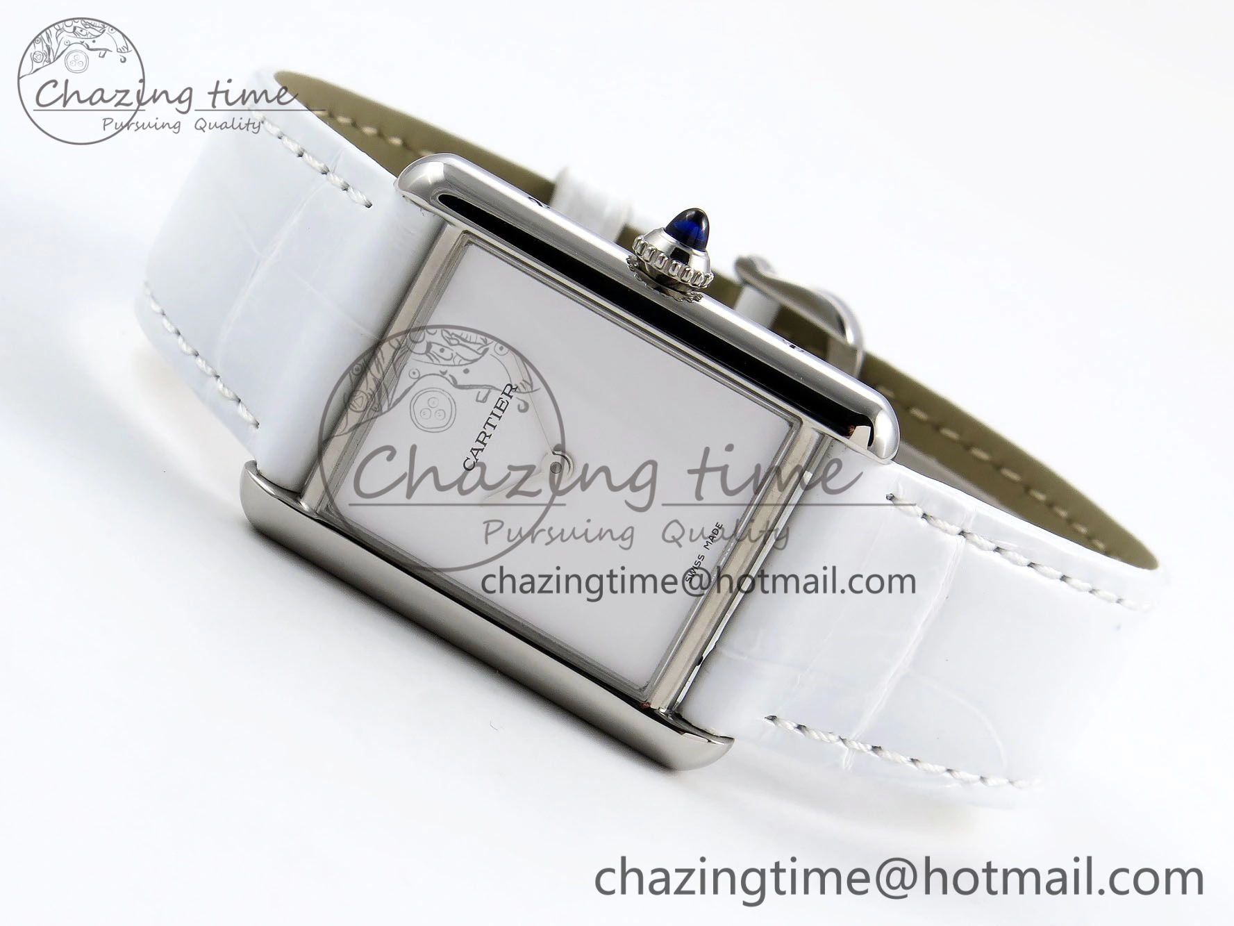 Timeless Tank Must Large SS 33.7mm DRF 1:1 Best Edition White Dial on White Leather Strap Swiss Quartz 5956