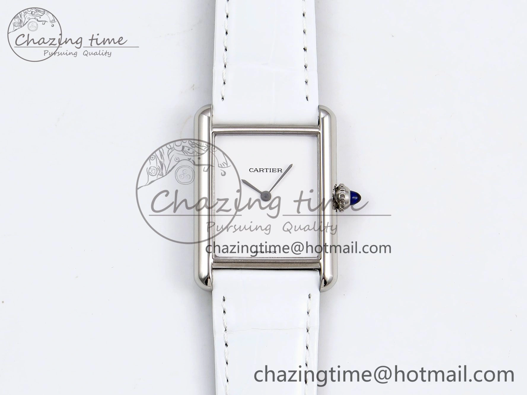 Timeless Tank Must Large SS 33.7mm DRF 1:1 Best Edition White Dial on White Leather Strap Swiss Quartz 5956
