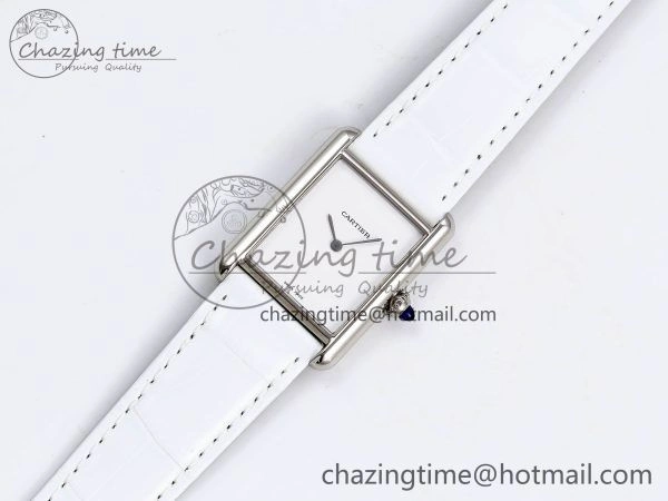 Timeless Tank Must Large SS 33.7mm DRF 1:1 Best Edition White Dial on White Leather Strap Swiss Quartz 5956