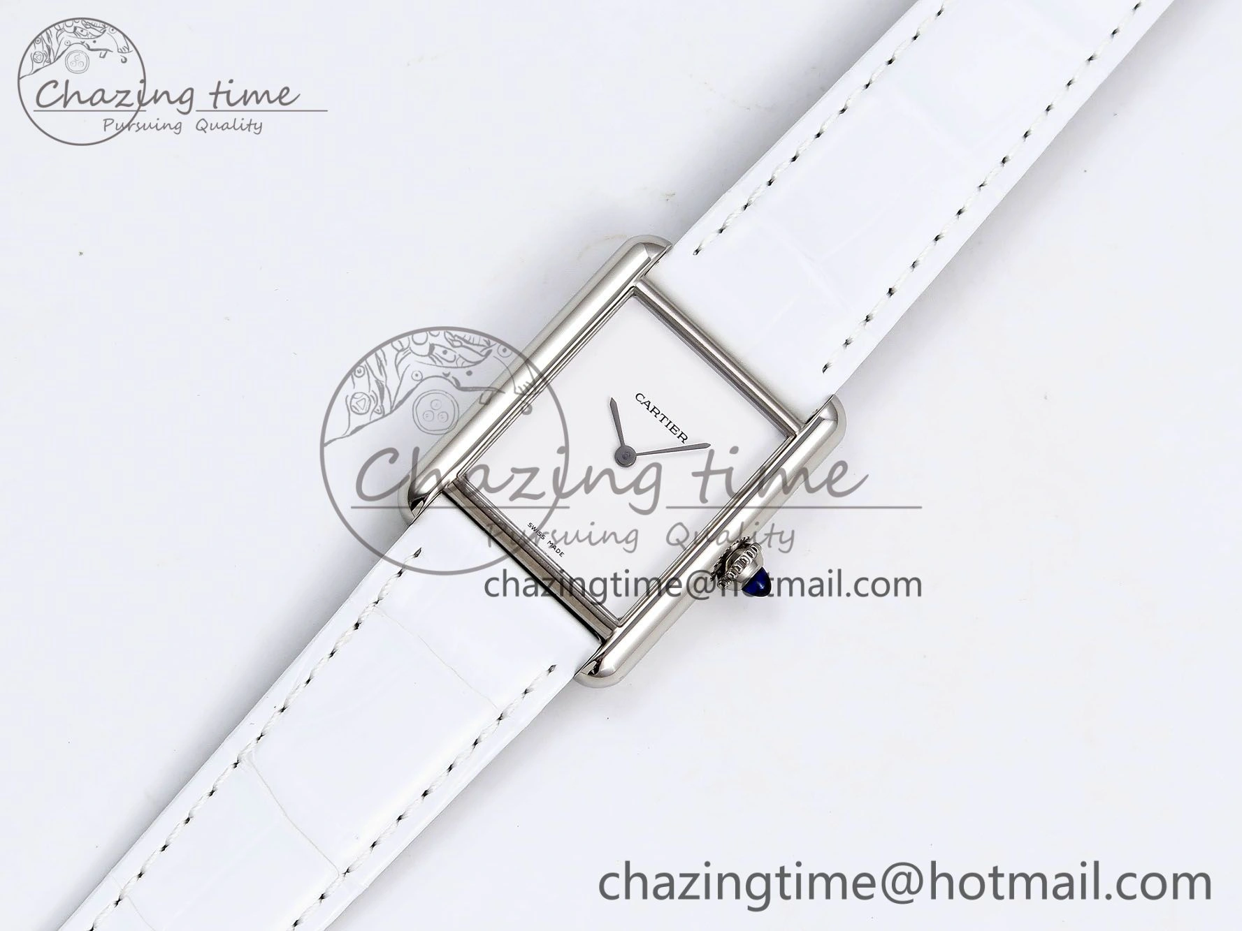 Timeless Tank Must Large SS 33.7mm DRF 1:1 Best Edition White Dial on White Leather Strap Swiss Quartz 5956