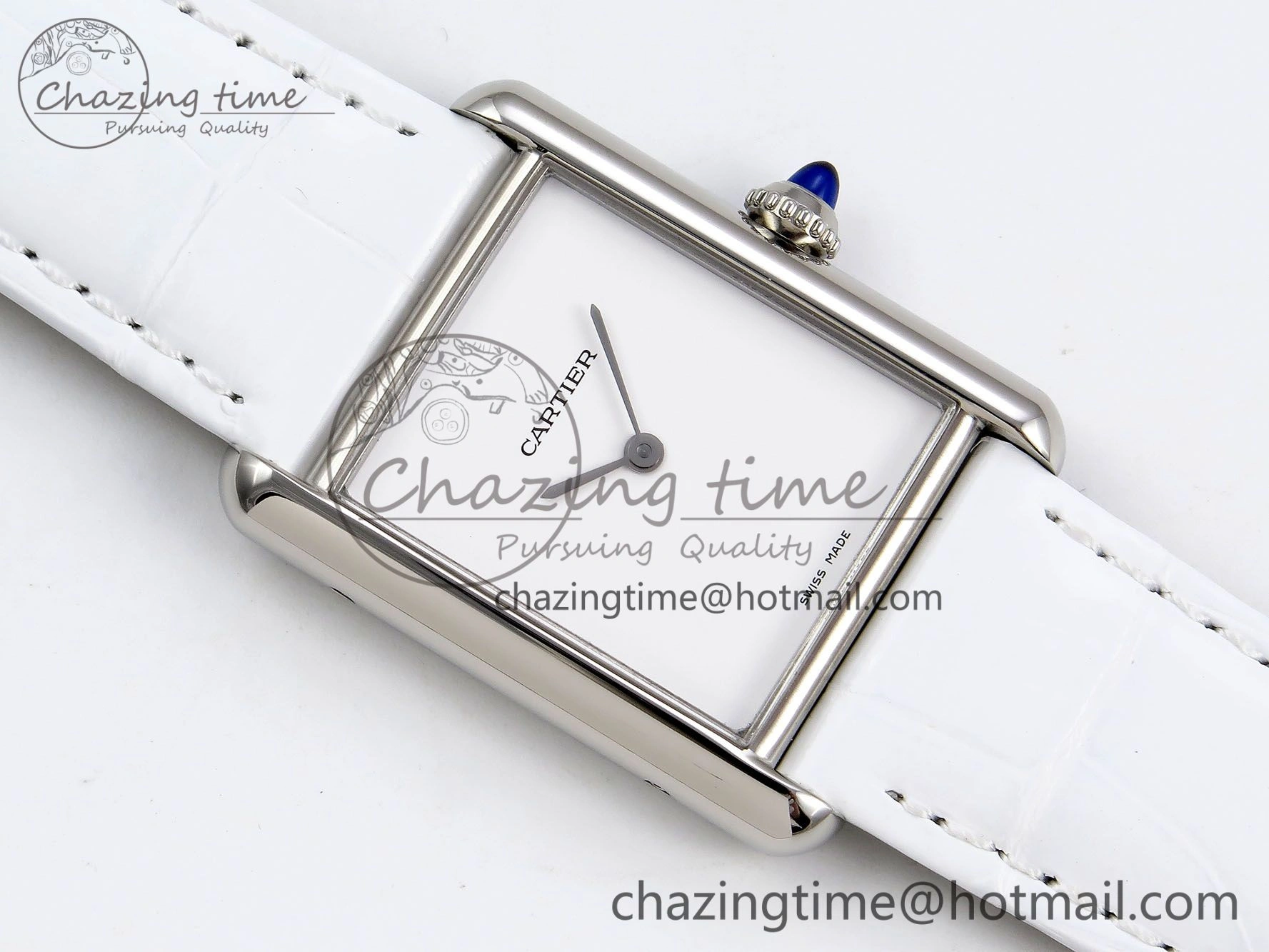 Timeless Tank Must Large SS 33.7mm DRF 1:1 Best Edition White Dial on White Leather Strap Swiss Quartz 5956