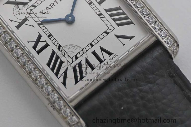 Tank Must Large SS K11F 1:1 Best Edition White Dial Diamonds Bezel on Black Leather Strap Ronda Quartz Tailored 6068