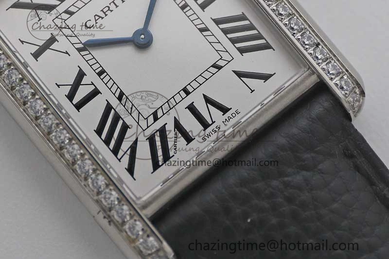 Tank Must Large SS K11F 1:1 Best Edition White Dial Diamonds Bezel on Black Leather Strap Ronda Quartz Tailored 6068