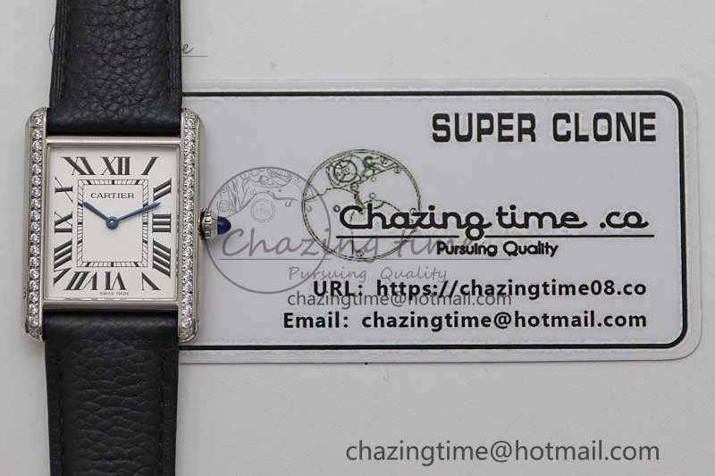 Tank Must Large SS K11F 1:1 Best Edition White Dial Diamonds Bezel on Black Leather Strap Ronda Quartz Tailored 6068