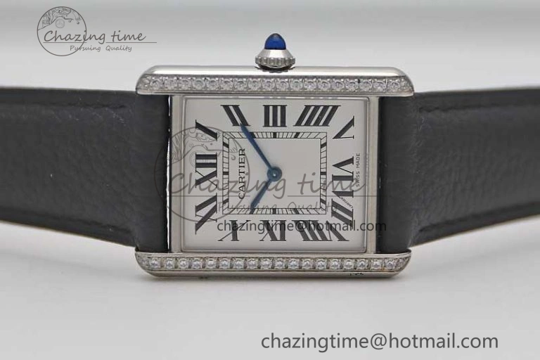 Tank Must Large SS K11F 1:1 Best Edition White Dial Diamonds Bezel on Black Leather Strap Ronda Quartz Tailored 6068