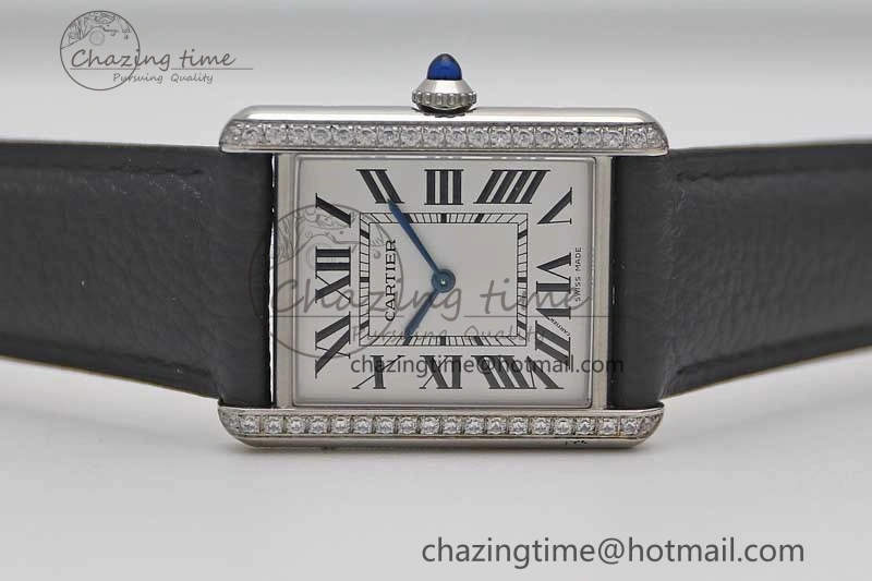 Tank Must Large SS K11F 1:1 Best Edition White Dial Diamonds Bezel on Black Leather Strap Ronda Quartz Tailored 6068