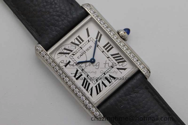 Tank Must Large SS K11F 1:1 Best Edition White Dial Diamonds Bezel on Black Leather Strap Ronda Quartz Tailored 6068