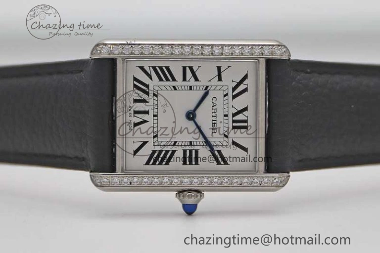 Tank Must Large SS K11F 1:1 Best Edition White Dial Diamonds Bezel on Black Leather Strap Ronda Quartz Tailored 6068