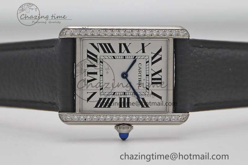 Tank Must Large SS K11F 1:1 Best Edition White Dial Diamonds Bezel on Black Leather Strap Ronda Quartz Tailored 6068