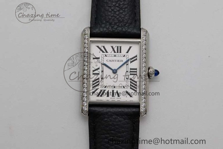 TimelessDesign Tank Must Large SS K11F 1:1 Best Edition White Dial Diamonds Bezel on Black Leather Strap Ronda Quartz 10228
