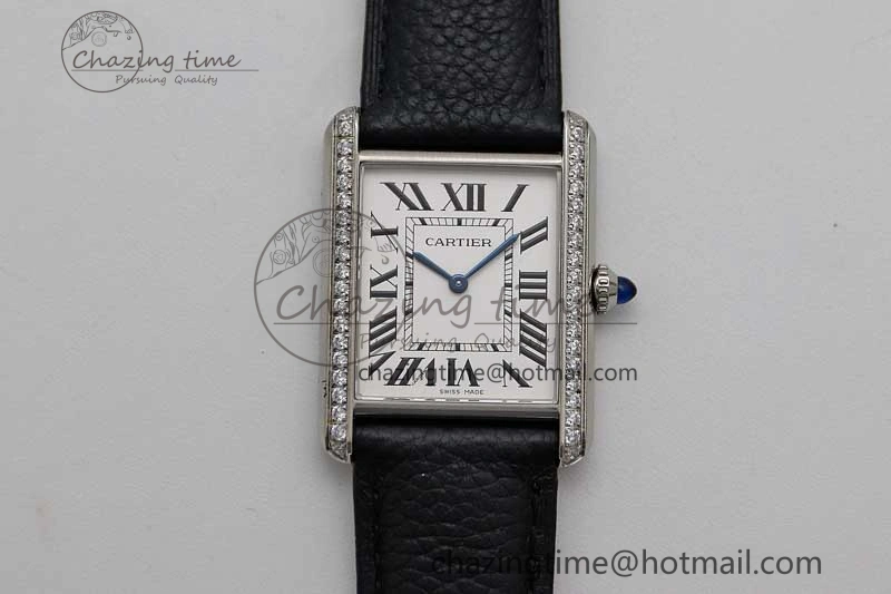 Tank Must Large SS K11F 1:1 Best Edition White Dial Diamonds Bezel on Black Leather Strap Ronda Quartz Tailored 6068