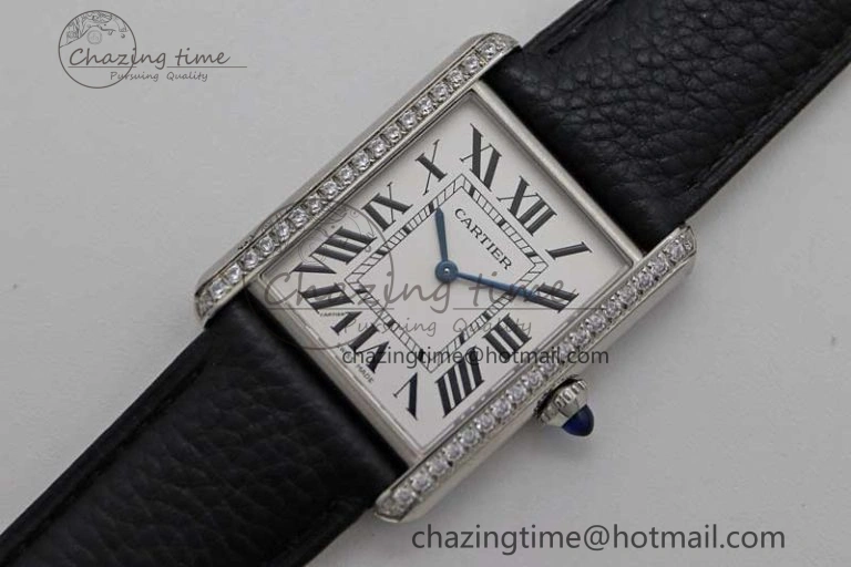 Tank Must Large SS K11F 1:1 Best Edition White Dial Diamonds Bezel on Black Leather Strap Ronda Quartz Tailored 6068