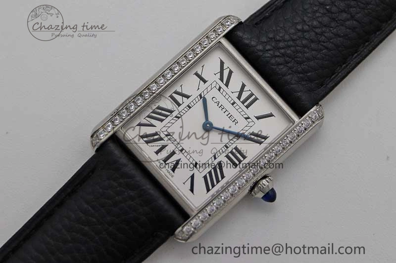 Tank Must Large SS K11F 1:1 Best Edition White Dial Diamonds Bezel on Black Leather Strap Ronda Quartz Tailored 6068