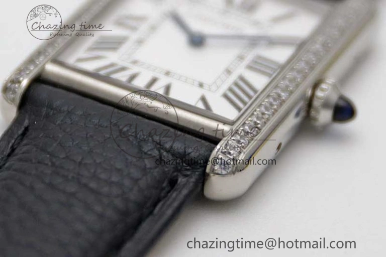 Tank Must Large SS K11F 1:1 Best Edition White Dial Diamonds Bezel on Black Leather Strap Ronda Quartz Tailored 6068