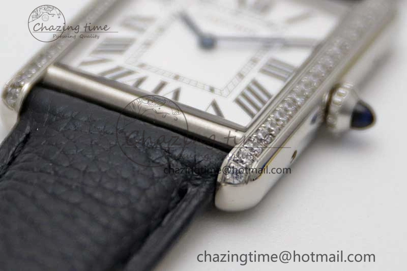 Tank Must Large SS K11F 1:1 Best Edition White Dial Diamonds Bezel on Black Leather Strap Ronda Quartz Tailored 6068
