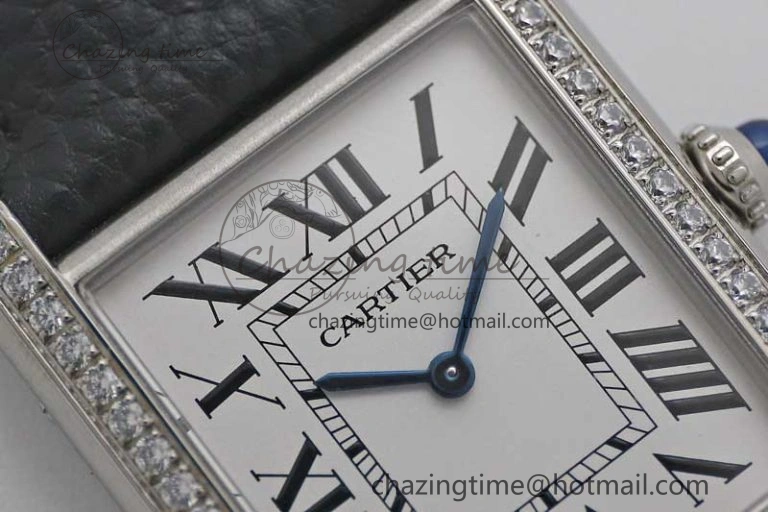 Tank Must Large SS K11F 1:1 Best Edition White Dial Diamonds Bezel on Black Leather Strap Ronda Quartz Tailored 6068