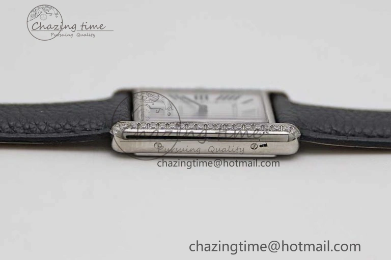 Tank Must Large SS K11F 1:1 Best Edition White Dial Diamonds Bezel on Black Leather Strap Ronda Quartz Tailored 6068