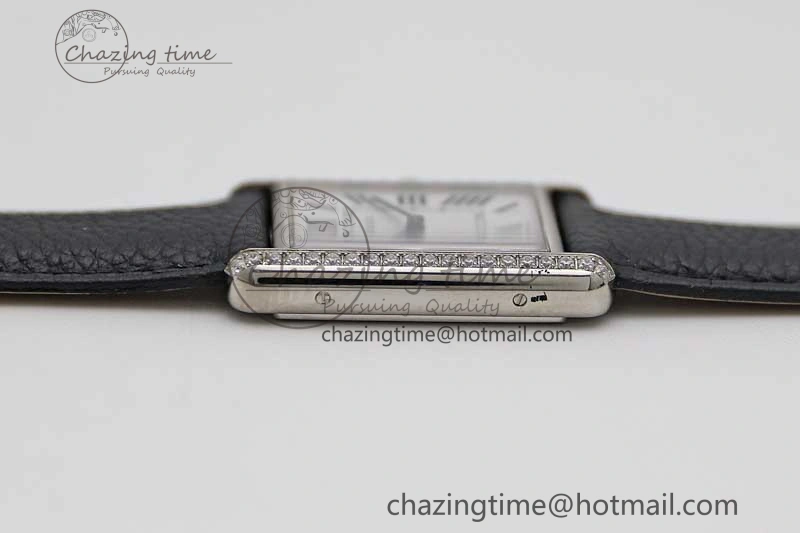 Tank Must Large SS K11F 1:1 Best Edition White Dial Diamonds Bezel on Black Leather Strap Ronda Quartz Tailored 6068
