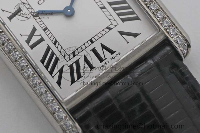 Tank Must Large SS K11F 1:1 Best Edition White Dial Diamonds Bezel on Croc Leather Strap Ronda Quartz QuickDry 6067