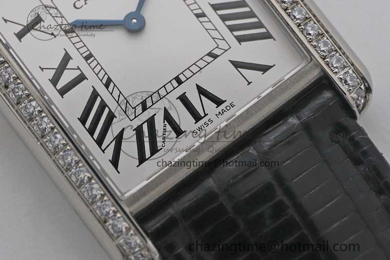 Tank Must Large SS K11F 1:1 Best Edition White Dial Diamonds Bezel on Croc Leather Strap Ronda Quartz QuickDry 6067