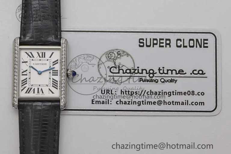 Tank Must Large SS K11F 1:1 Best Edition White Dial Diamonds Bezel on Croc Leather Strap Ronda Quartz QuickDry 6067
