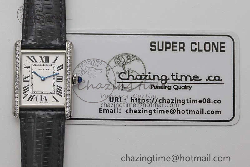 Tank Must Large SS K11F 1:1 Best Edition White Dial Diamonds Bezel on Croc Leather Strap Ronda Quartz QuickDry 6067