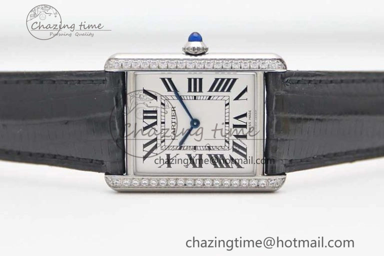 Tank Must Large SS K11F 1:1 Best Edition White Dial Diamonds Bezel on Croc Leather Strap Ronda Quartz QuickDry 6067