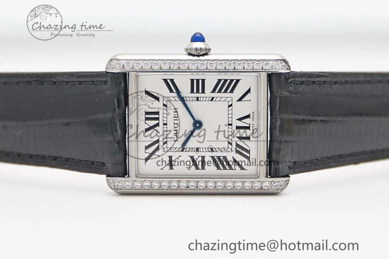 Tank Must Large SS K11F 1:1 Best Edition White Dial Diamonds Bezel on Croc Leather Strap Ronda Quartz QuickDry 6067
