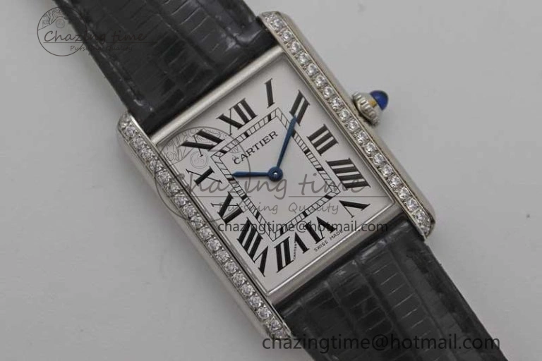 Tank Must Large SS K11F 1:1 Best Edition White Dial Diamonds Bezel on Croc Leather Strap Ronda Quartz QuickDry 6067