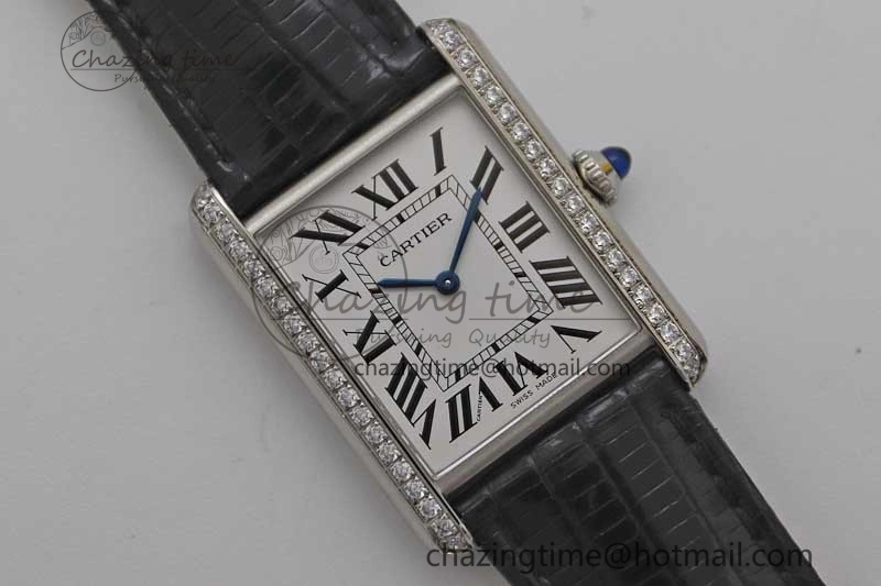 Tank Must Large SS K11F 1:1 Best Edition White Dial Diamonds Bezel on Croc Leather Strap Ronda Quartz QuickDry 6067