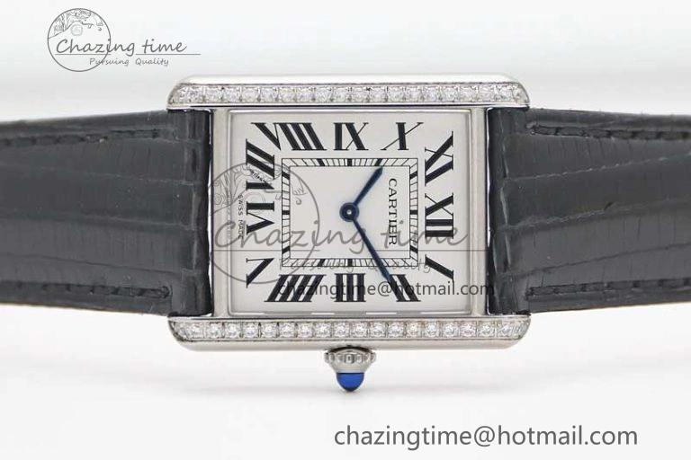 Tank Must Large SS K11F 1:1 Best Edition White Dial Diamonds Bezel on Croc Leather Strap Ronda Quartz QuickDry 6067