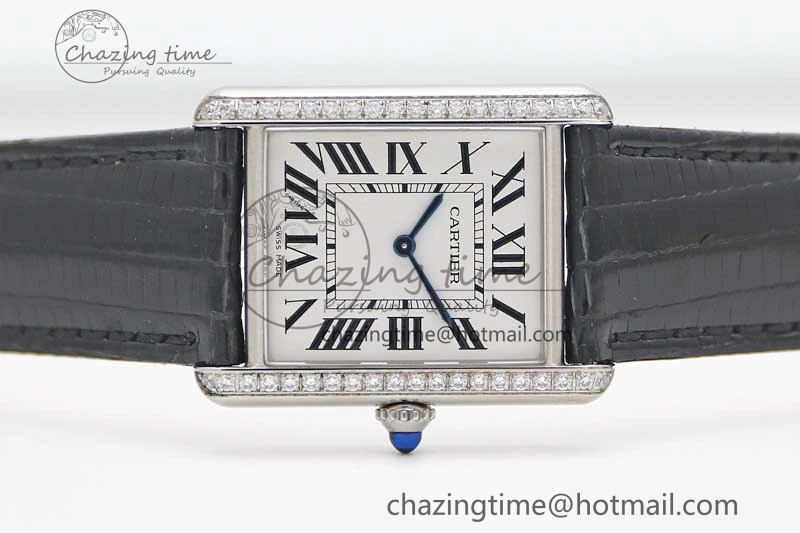 Tank Must Large SS K11F 1:1 Best Edition White Dial Diamonds Bezel on Croc Leather Strap Ronda Quartz QuickDry 6067