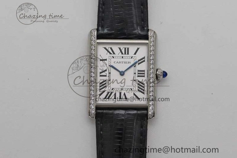 Tank Must Large SS K11F 1:1 Best Edition White Dial Diamonds Bezel on Croc Leather Strap Ronda Quartz QuickDry 6067