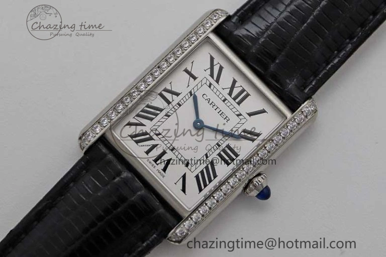 Tank Must Large SS K11F 1:1 Best Edition White Dial Diamonds Bezel on Croc Leather Strap Ronda Quartz QuickDry 6067