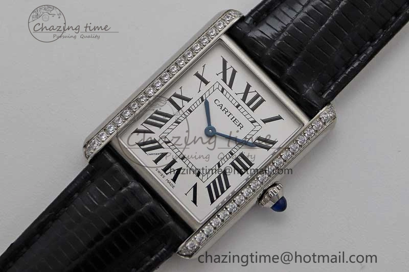 Tank Must Large SS K11F 1:1 Best Edition White Dial Diamonds Bezel on Croc Leather Strap Ronda Quartz QuickDry 6067