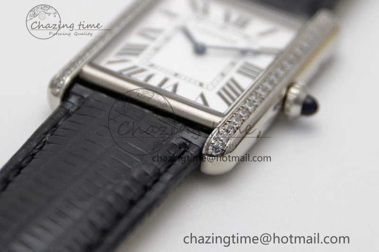 Tank Must Large SS K11F 1:1 Best Edition White Dial Diamonds Bezel on Croc Leather Strap Ronda Quartz QuickDry 6067