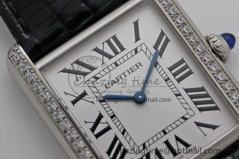Tank Must Large SS K11F 1:1 Best Edition White Dial Diamonds Bezel on Croc Leather Strap Ronda Quartz QuickDry 6067