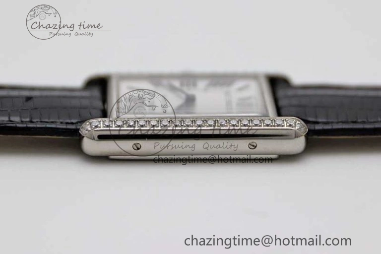 Tank Must Large SS K11F 1:1 Best Edition White Dial Diamonds Bezel on Croc Leather Strap Ronda Quartz QuickDry 6067