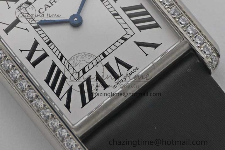 EyeCatching Tank Must Large SS K11F 1:1 Best Edition White Dial Diamonds Bezel on Satin Leather Strap Ronda Quartz 6071