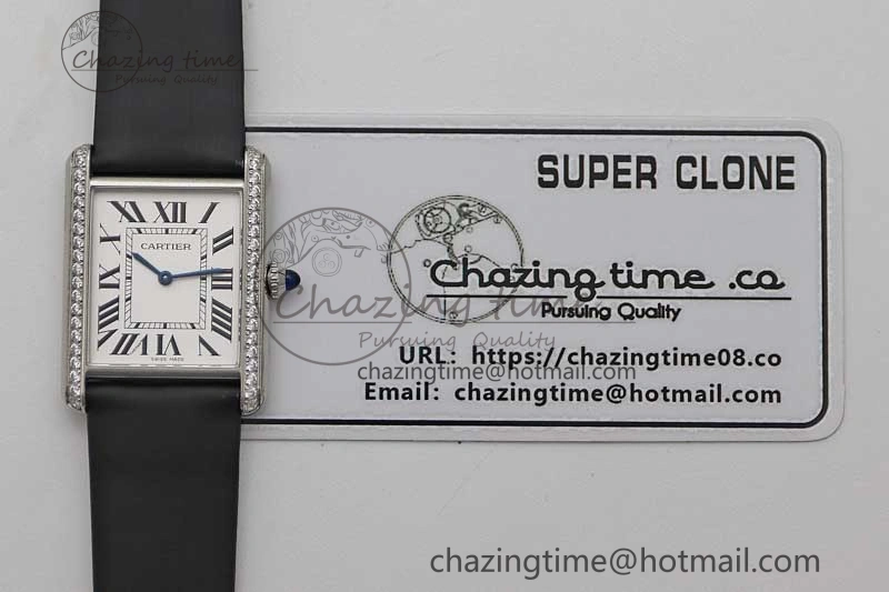 EyeCatching Tank Must Large SS K11F 1:1 Best Edition White Dial Diamonds Bezel on Satin Leather Strap Ronda Quartz 6071