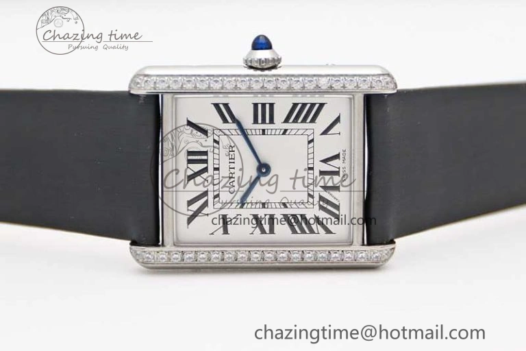 EyeCatching Tank Must Large SS K11F 1:1 Best Edition White Dial Diamonds Bezel on Satin Leather Strap Ronda Quartz 6071