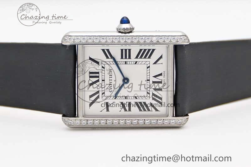EyeCatching Tank Must Large SS K11F 1:1 Best Edition White Dial Diamonds Bezel on Satin Leather Strap Ronda Quartz 6071
