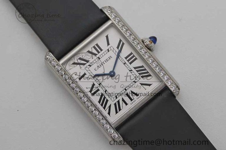 EyeCatching Tank Must Large SS K11F 1:1 Best Edition White Dial Diamonds Bezel on Satin Leather Strap Ronda Quartz 6071