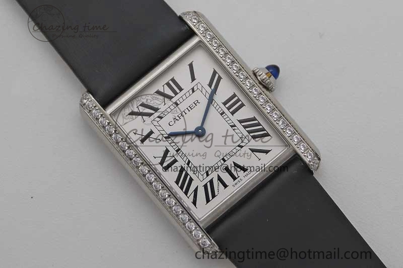 EyeCatching Tank Must Large SS K11F 1:1 Best Edition White Dial Diamonds Bezel on Satin Leather Strap Ronda Quartz 6071