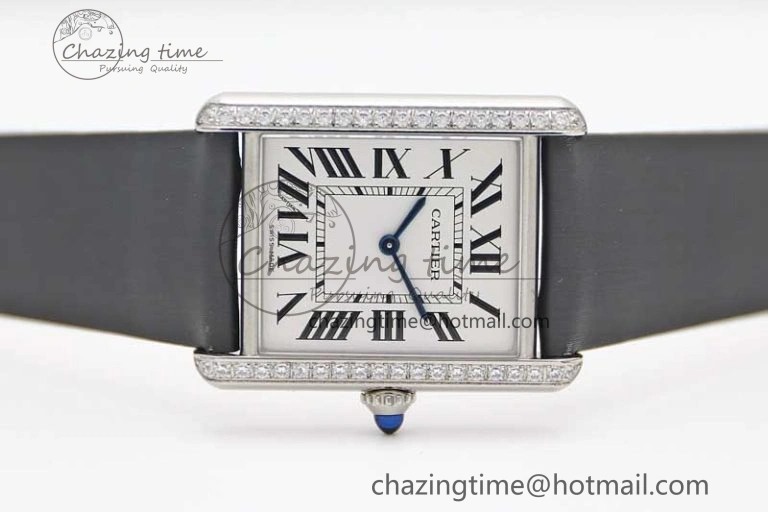 EyeCatching Tank Must Large SS K11F 1:1 Best Edition White Dial Diamonds Bezel on Satin Leather Strap Ronda Quartz 6071