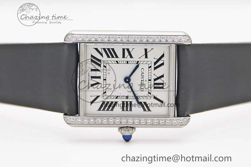 EyeCatching Tank Must Large SS K11F 1:1 Best Edition White Dial Diamonds Bezel on Satin Leather Strap Ronda Quartz 6071