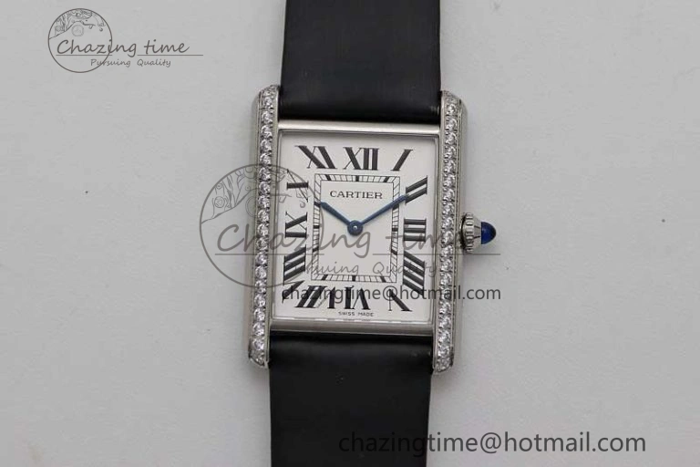 EyeCatching Tank Must Large SS K11F 1:1 Best Edition White Dial Diamonds Bezel on Satin Leather Strap Ronda Quartz 6071